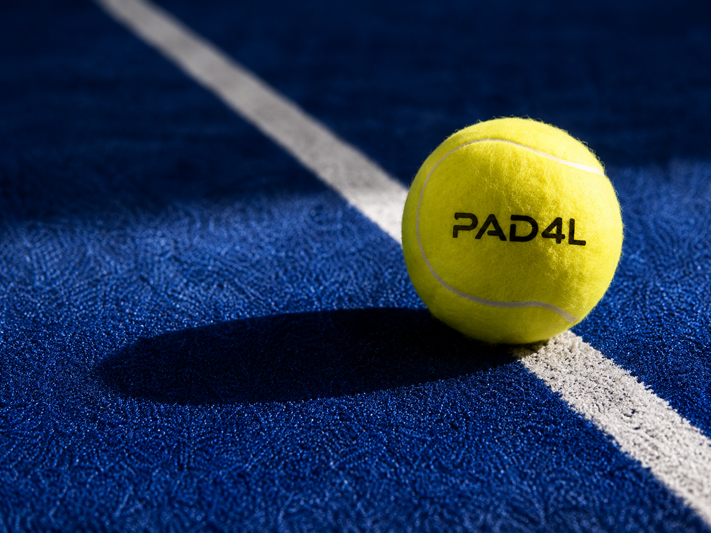 Blue padel court with a branded PAD4L ball