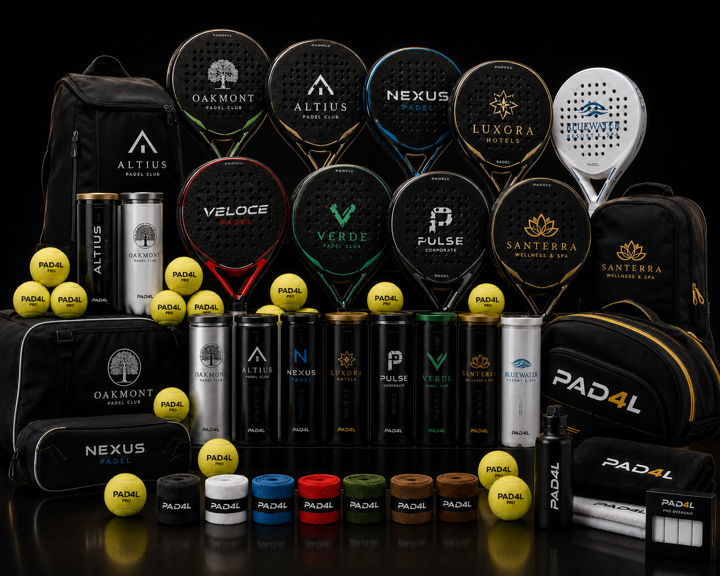 PAD4L branded rackets, balls and bags arranged together in a premium black product montage